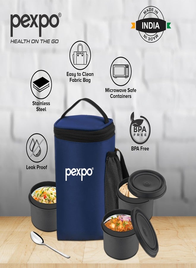 PEXPO Micro Pro Stainless Steel Lunch Box for Men & Women, with 3 Air Tight Containers (350ml x3), Spoon, Fork & Bag | Tiffin Box for School, Office, Travel, Picnic | BPA Free, Leak Proof | Blue - Image 4